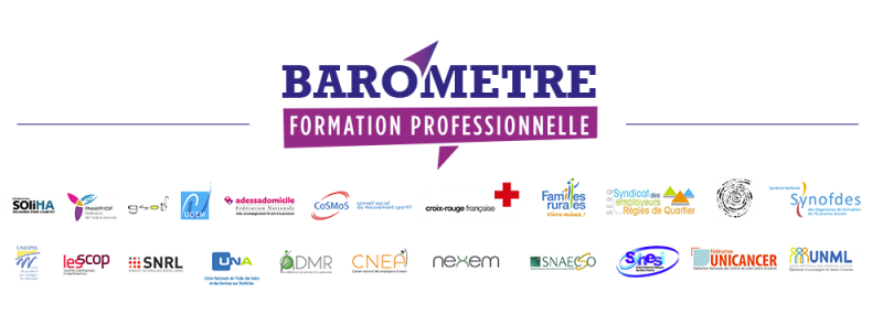 Logo du baromètre sur la formation professionnelle accompagné des logos des adhérents de l'UDES